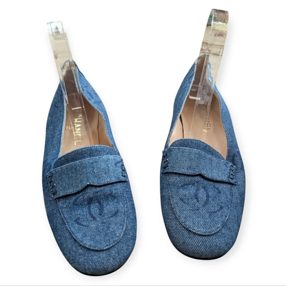 Vintage Y2K Chanel Denim Loafers Rare Designer Luxury Slip-On Shoes Flats Sz 10